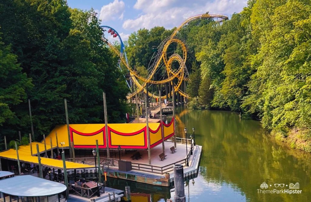 Rhine River Tour with Griffon and Loch Ness Roller Coaster in the background at Busch Gardens Williamsburg, Virginia. Keep reading to find out all you need to know about the Elite VIP Tour at Busch Gardens Williamsburg in Virginia.