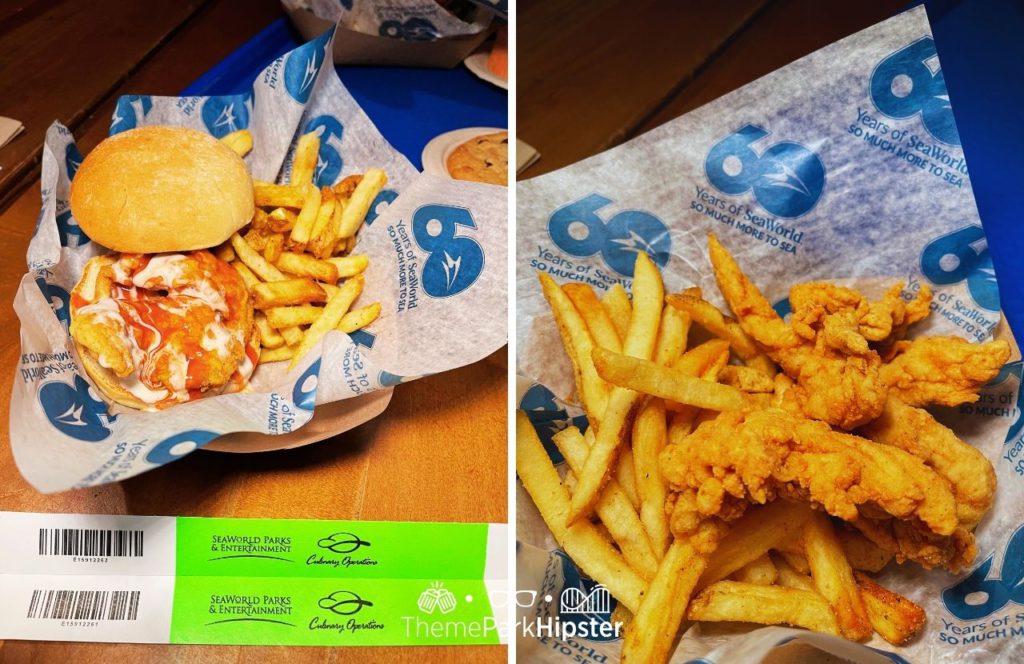 SeaWorld Orlando Resort Seafire Grill All Day Dining Wristband with Buffalo Chicken Sandwich with Chicken Fingers and Fries. One of the Foods at SeaWorld Orlando and The Best Things to EAT.